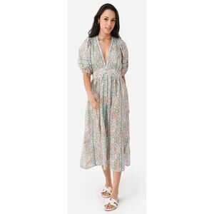 Poupette St Barth Reine Eyelet Puff Sleeve V-Neck Midi Dress Coverup Smocked Med